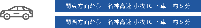 関東方面から　名神高速　小牧インター下車　約5分、関西方面から　名神高速　小牧インター下車　約5分